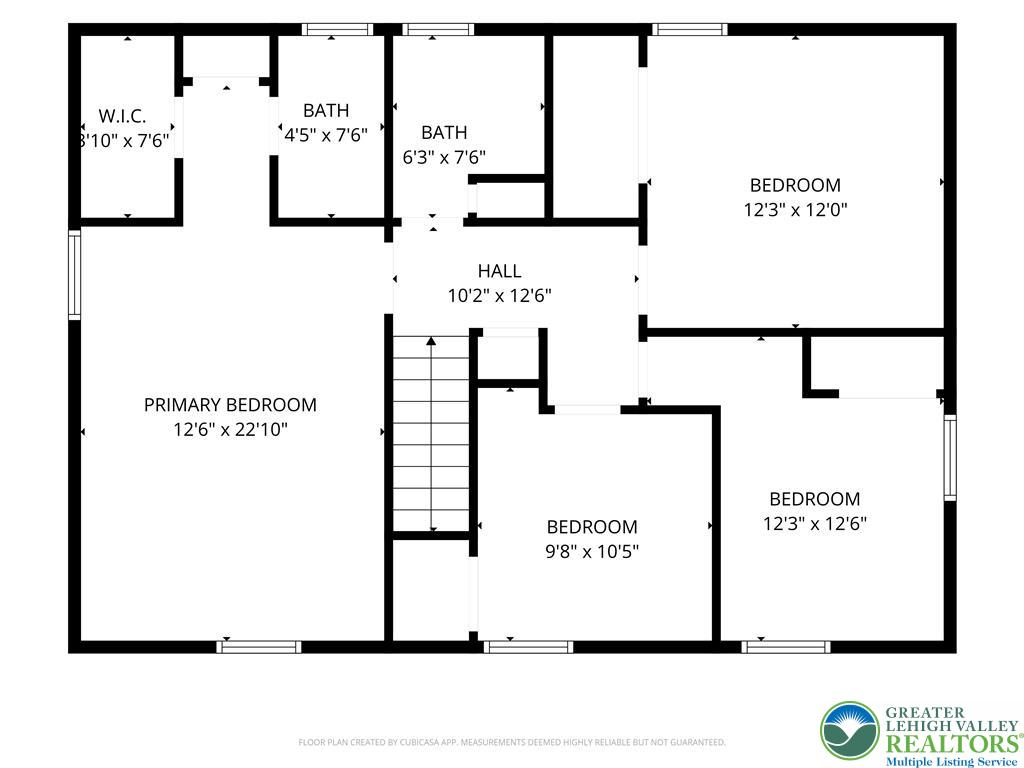 Second-floor plan with a primary bedroom, three bedrooms, two bathrooms, a walk-in closet, and stairs.