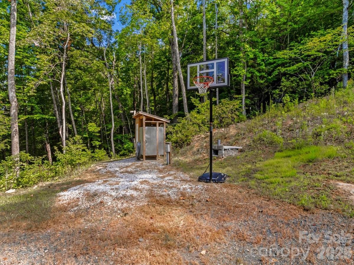 Gravel driveway with a portable basketball hoop and small shed among wooded surroundings.