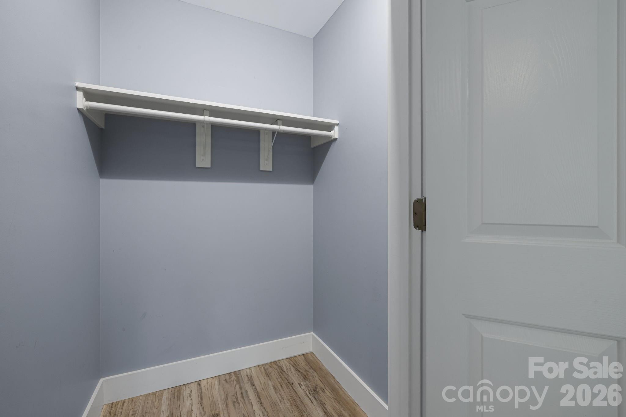 Empty closet with a white shelf and hanging rod, pale blue-gray walls, and wood-look flooring.