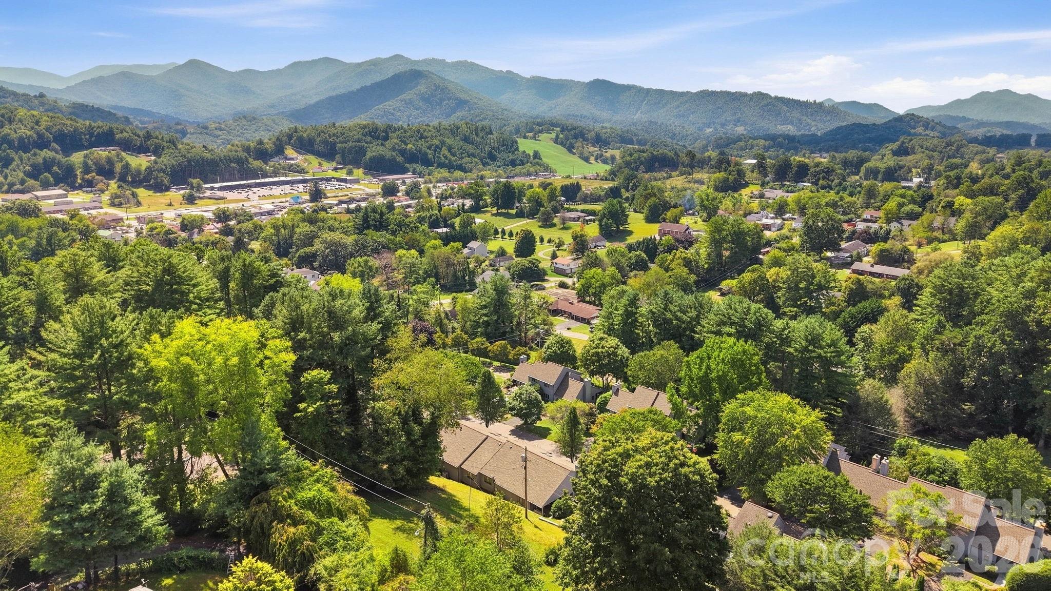 Aerial view of a leafy neighborhood with forested mountains rising in the distance.