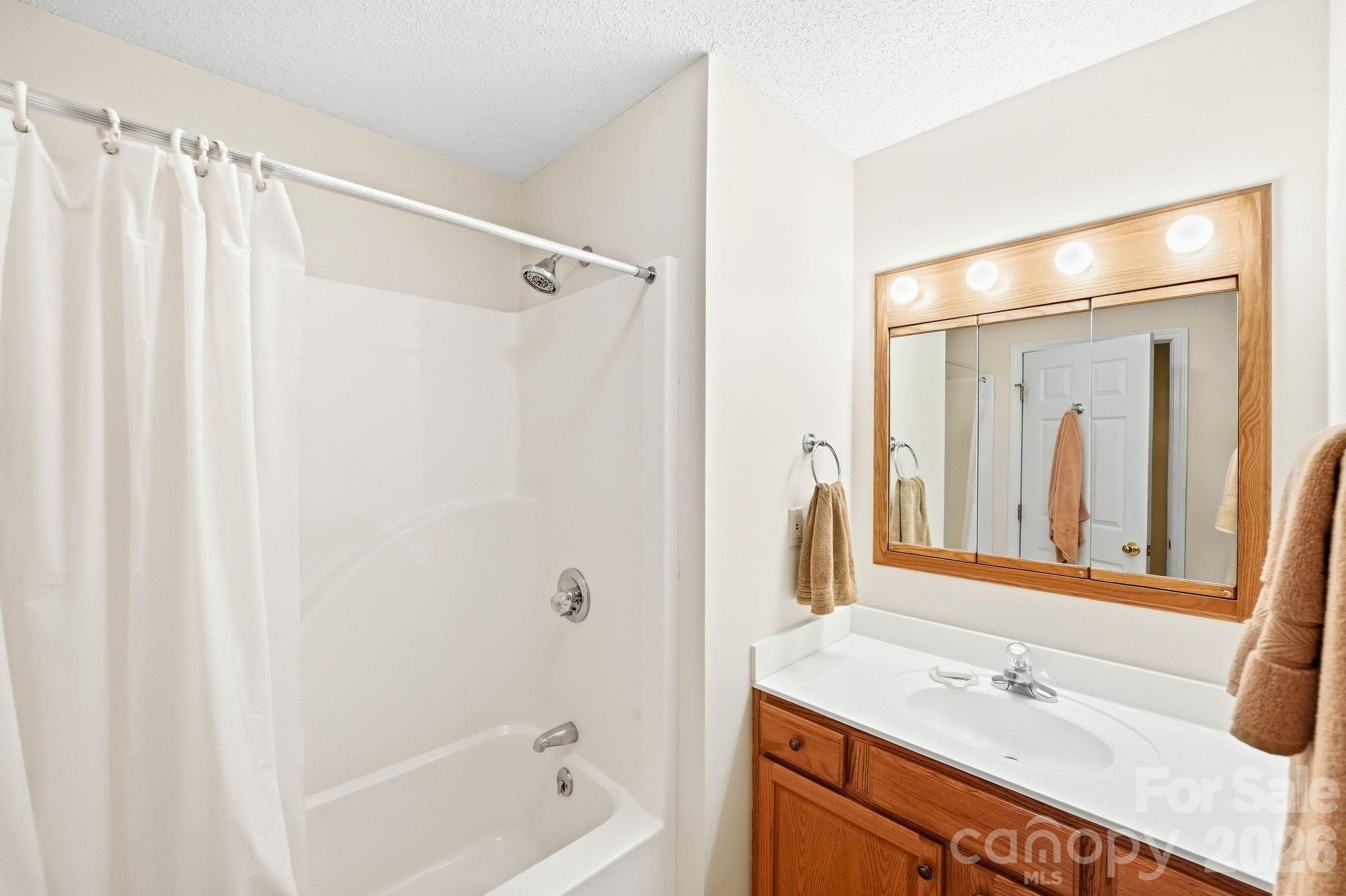 Bathroom with a white tub and shower beside a wood vanity and illuminated mirrored cabinet.