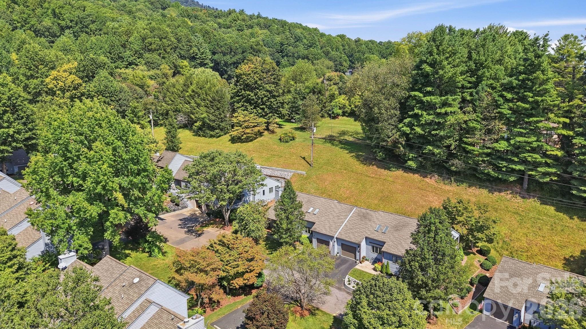 Aerial view of a grassy residential lot bordered by homes, mature trees, and wooded hills.