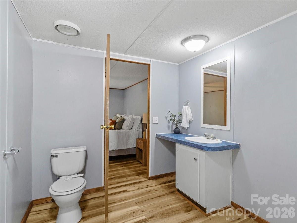 Bathroom with a blue-countertop vanity and toilet, opening to a furnished bedroom.