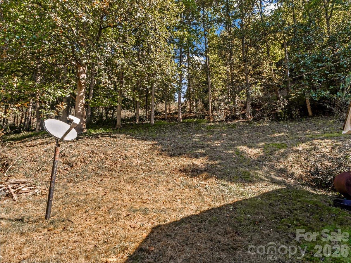 Cleared grassy yard bordered by autumn woods, with a satellite dish in the foreground.