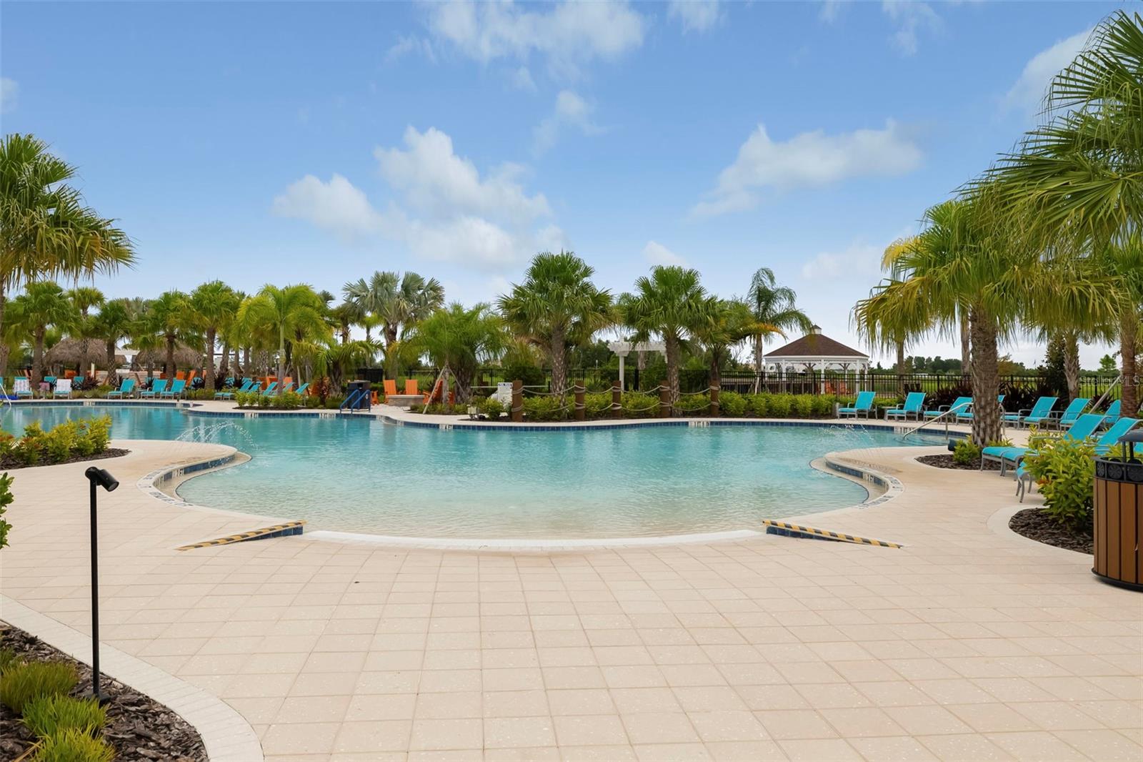Community pool with a curved shallow edge, palm trees, and turquoise lounge chairs.