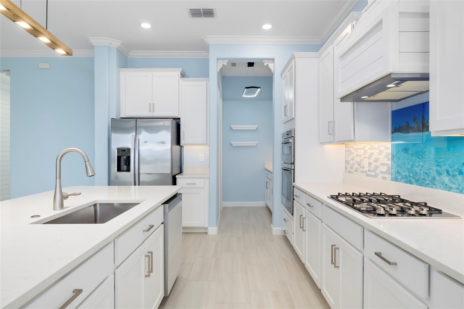 Bright kitchen with white cabinets, a large sink island, stainless appliances, and a blue aquatic backsplash.