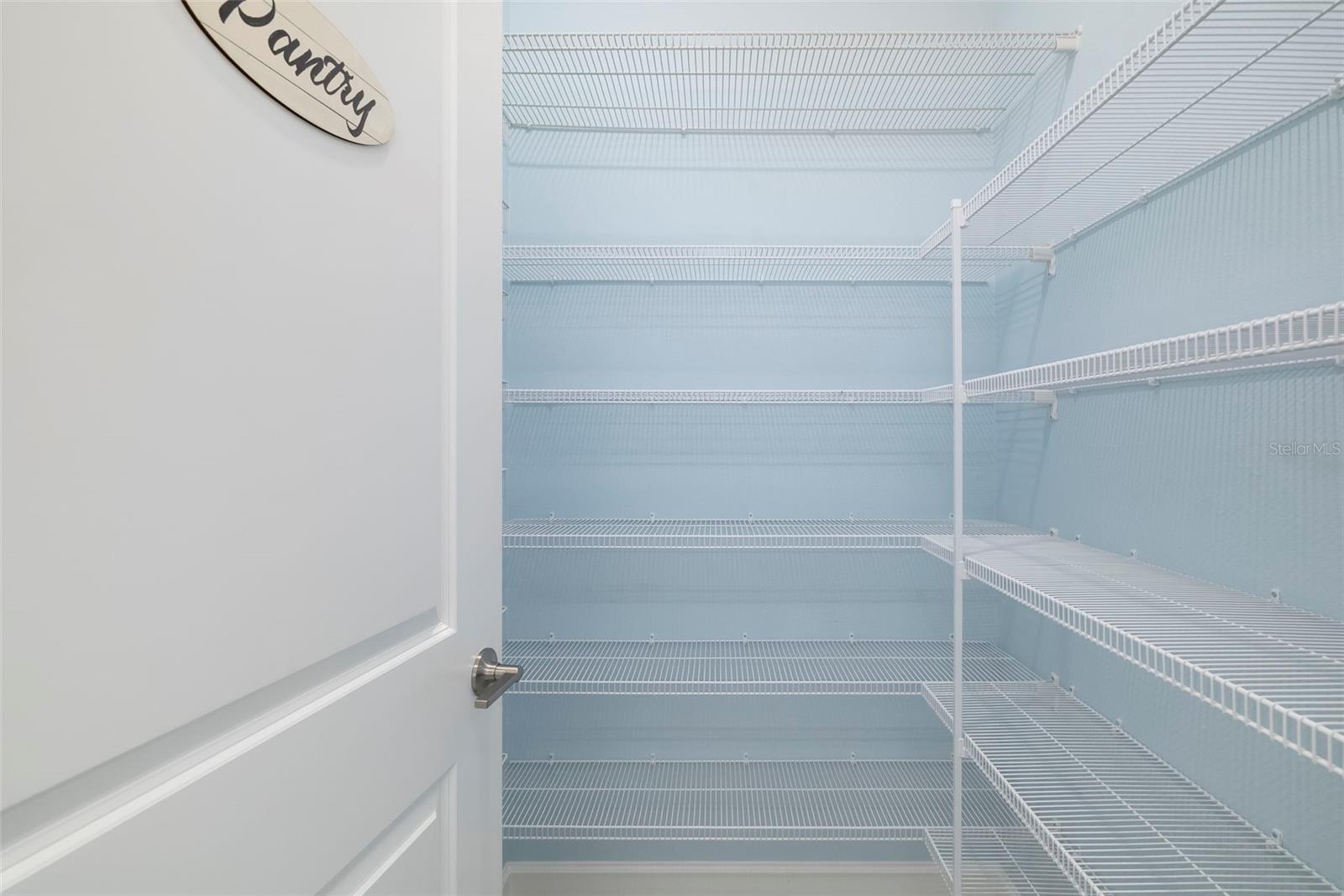 Empty walk-in pantry with white wire shelves and an open door labeled Pantry.