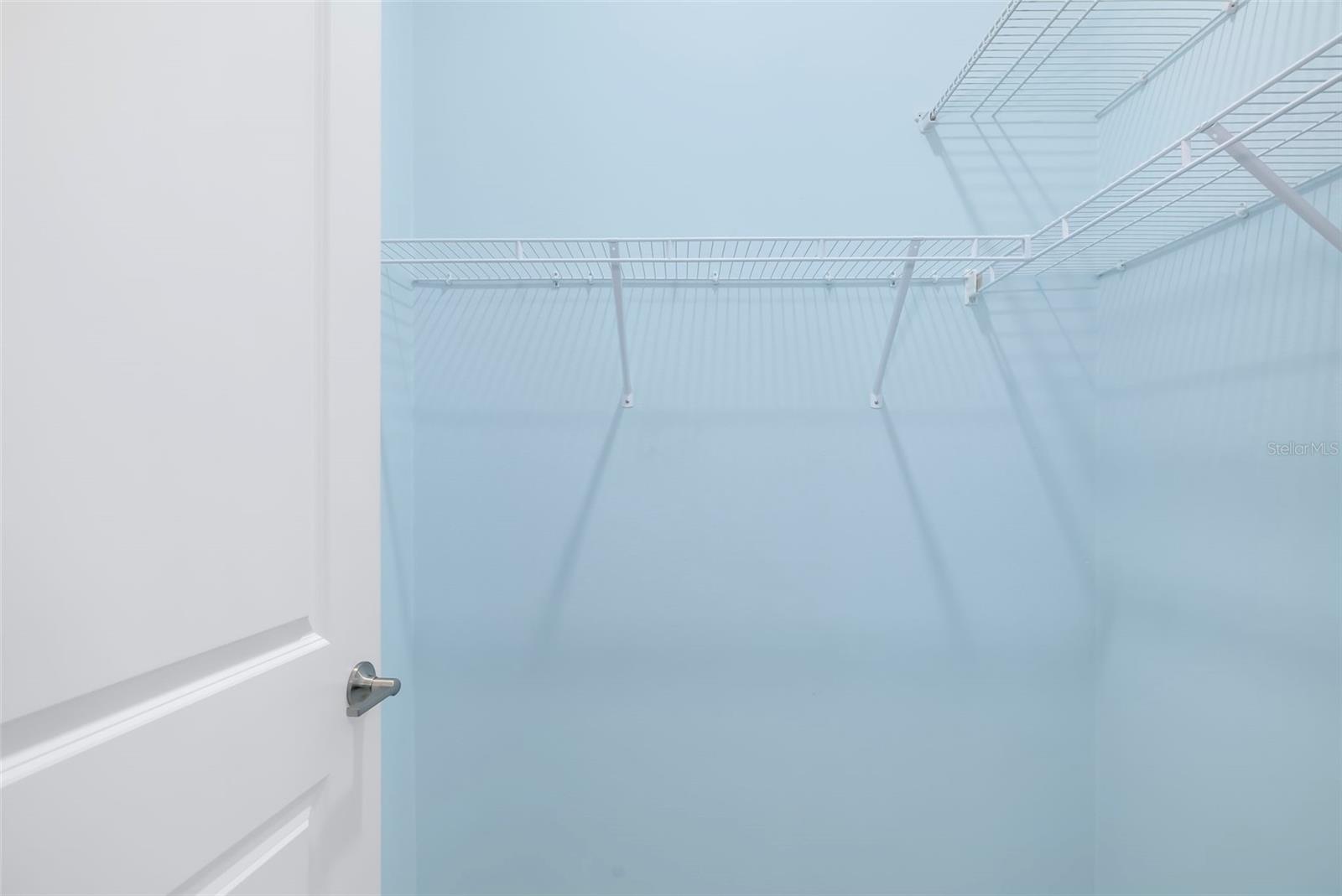 Empty walk-in closet with light blue walls and white wire shelving.