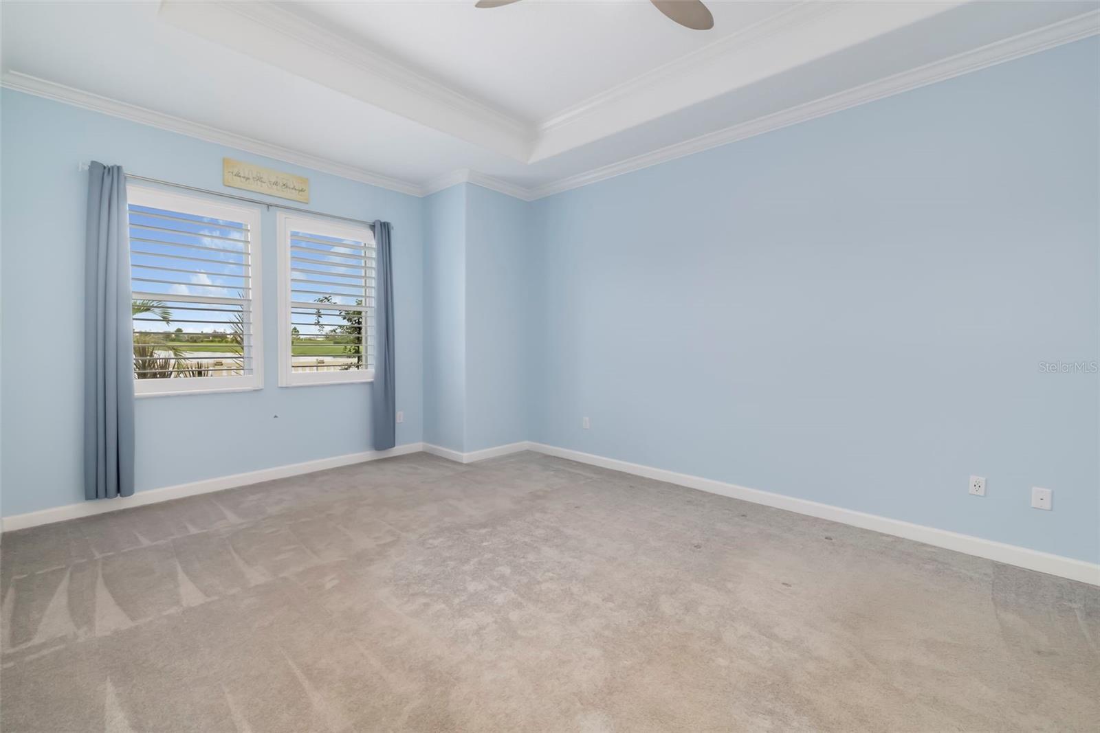 Empty bedroom with blue walls, gray carpet, and two curtained windows with plantation shutters.