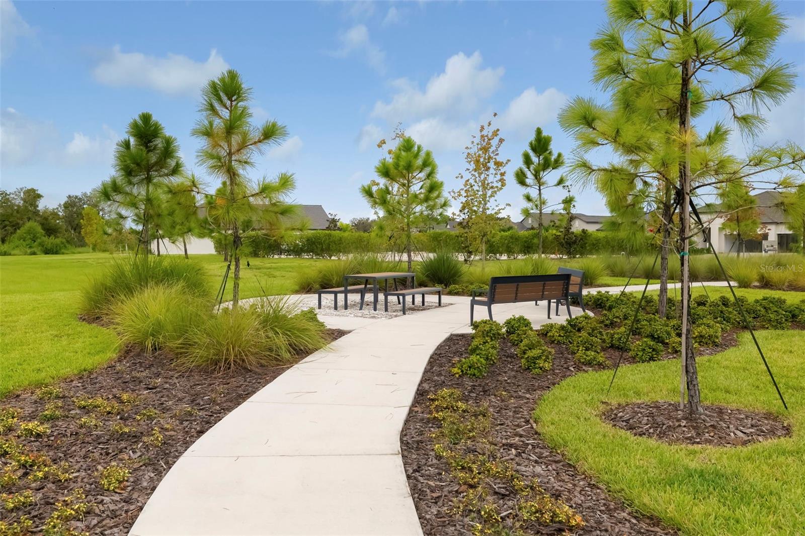 Curving walkway leads to benches and a picnic table amid landscaped lawn and young pine trees.