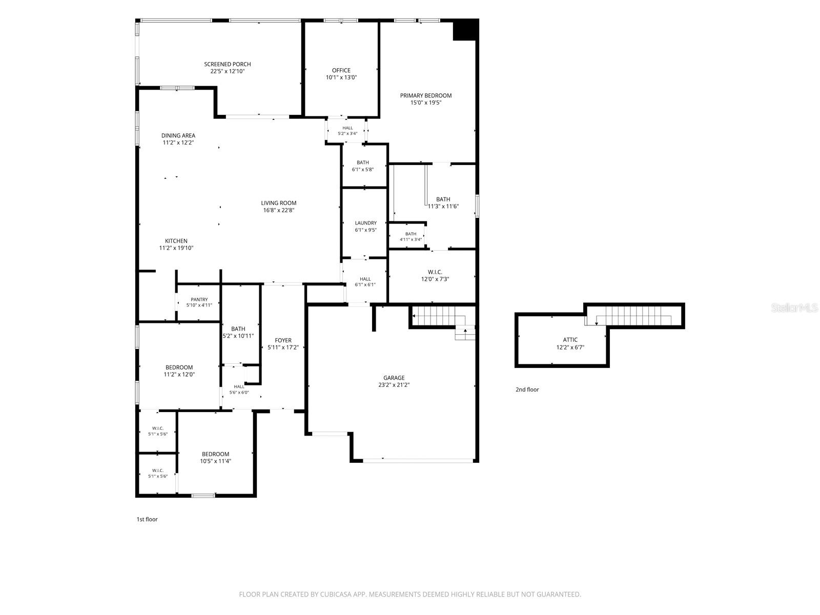 Two-floor home plan showing three bedrooms, office, screened porch, garage, and labeled room dimensions.