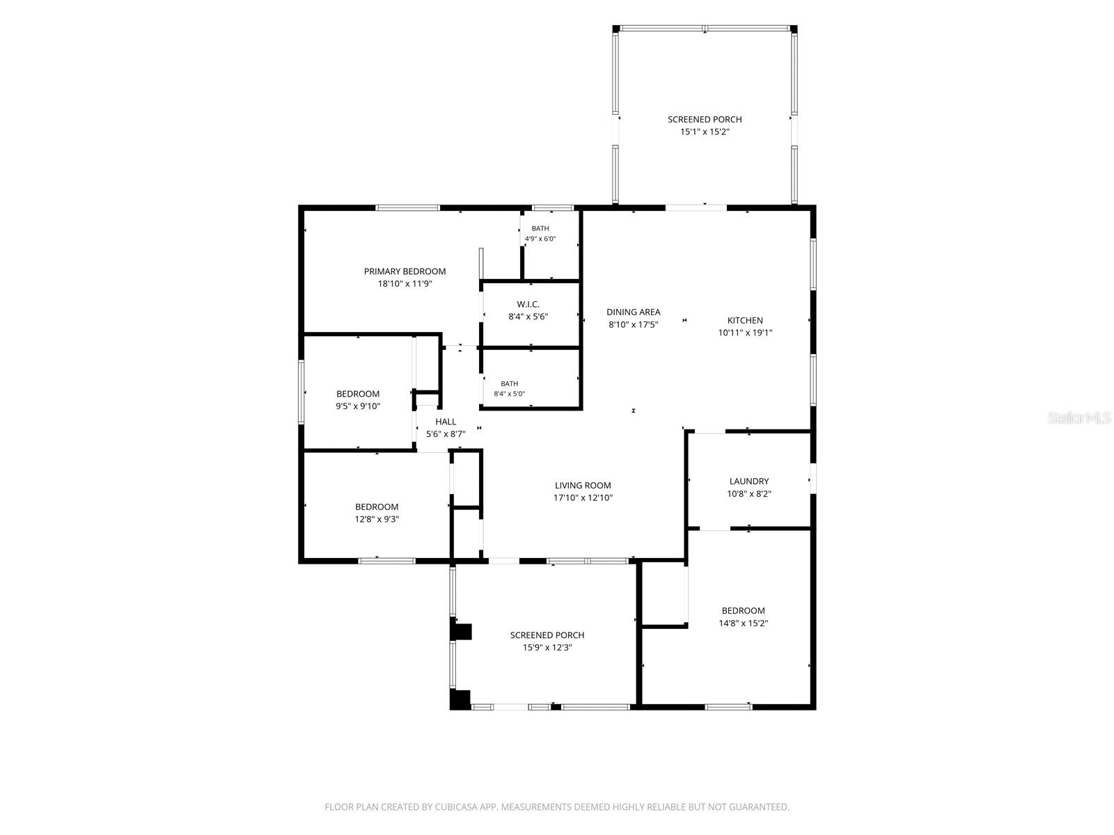 Floor plan showing four bedrooms, two bathrooms, an open living and dining area, kitchen, laundry, and two screened porches.