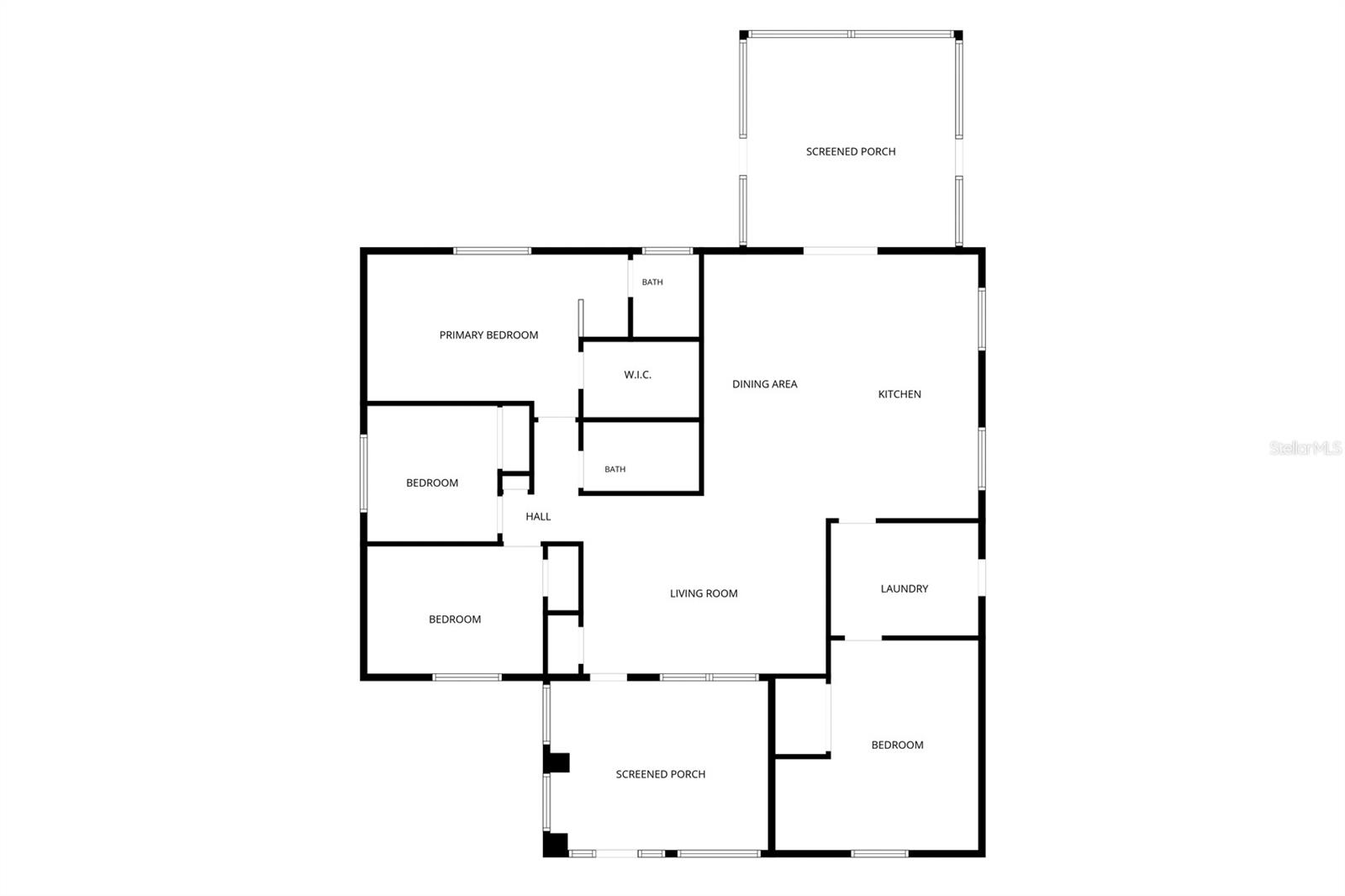 Floor plan with four bedrooms, two bathrooms, a living room, and two screened porches.