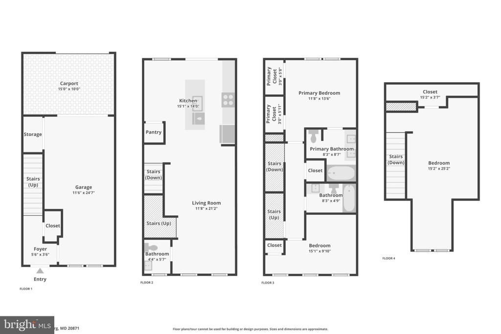 Four-level home floor plan with a carport, garage, kitchen, living room, bedrooms, and bathrooms.