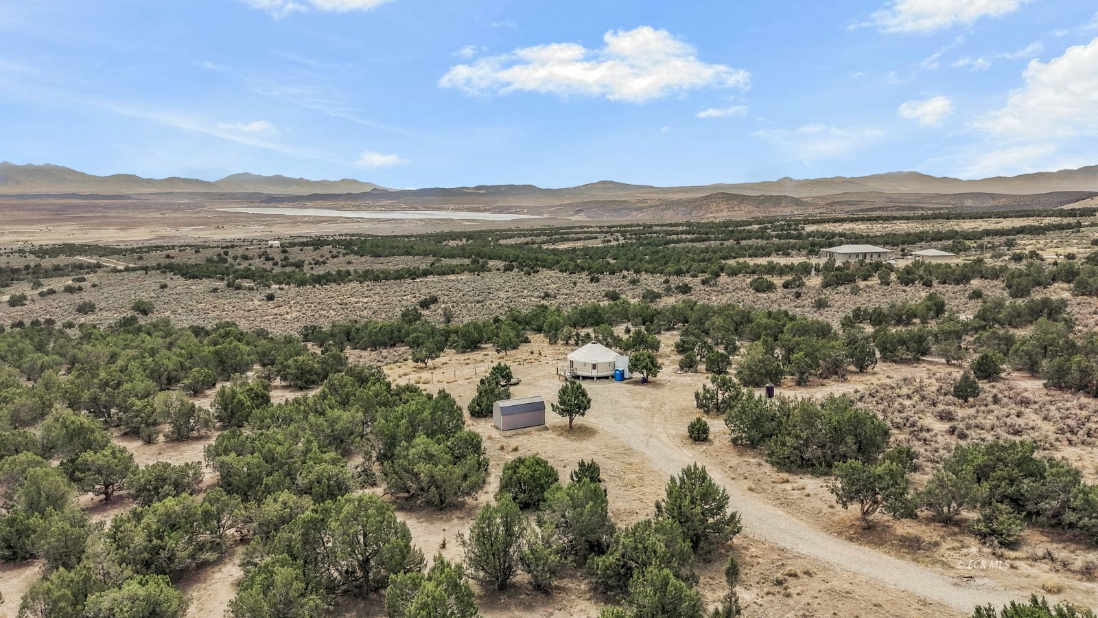 Aerial view of rural acreage with scattered trees, outbuildings, and distant mountains.
