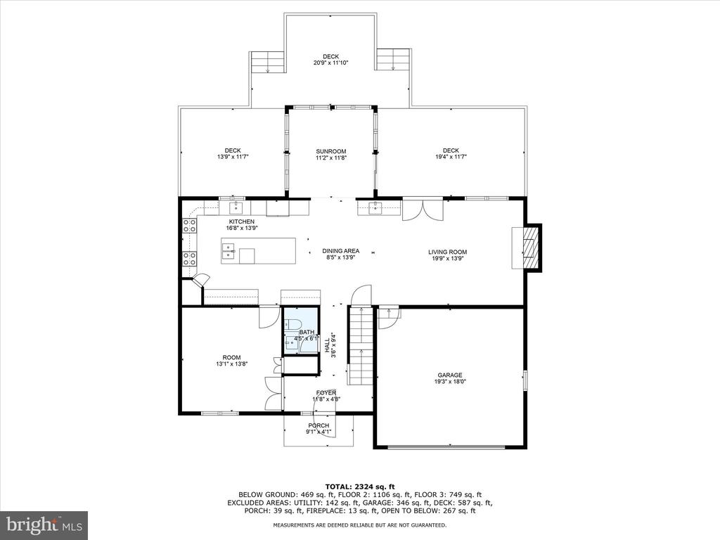 Floor plan showing the home’s kitchen, living and dining areas, sunroom, garage, porch, and three decks.