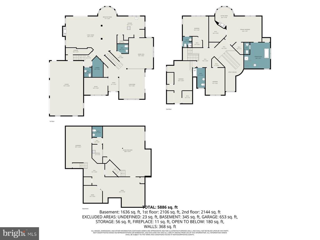 Floor plan showing the basement, first floor, and second floor; total area 5,886 square feet.