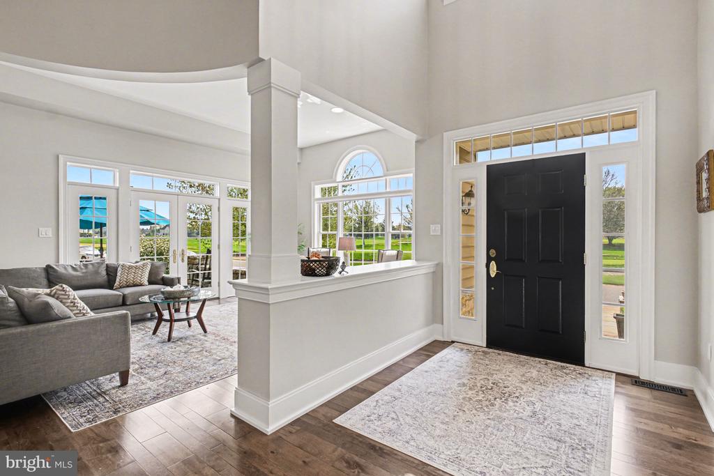 Foyer with a black front door, tall windows, hardwood floors, and an adjoining living room.