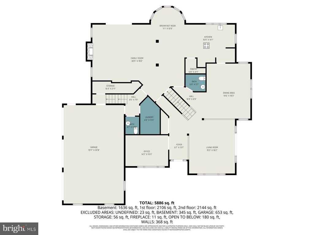 Floor plan showing the home's rooms, attached garage, and 5,886-square-foot total area.