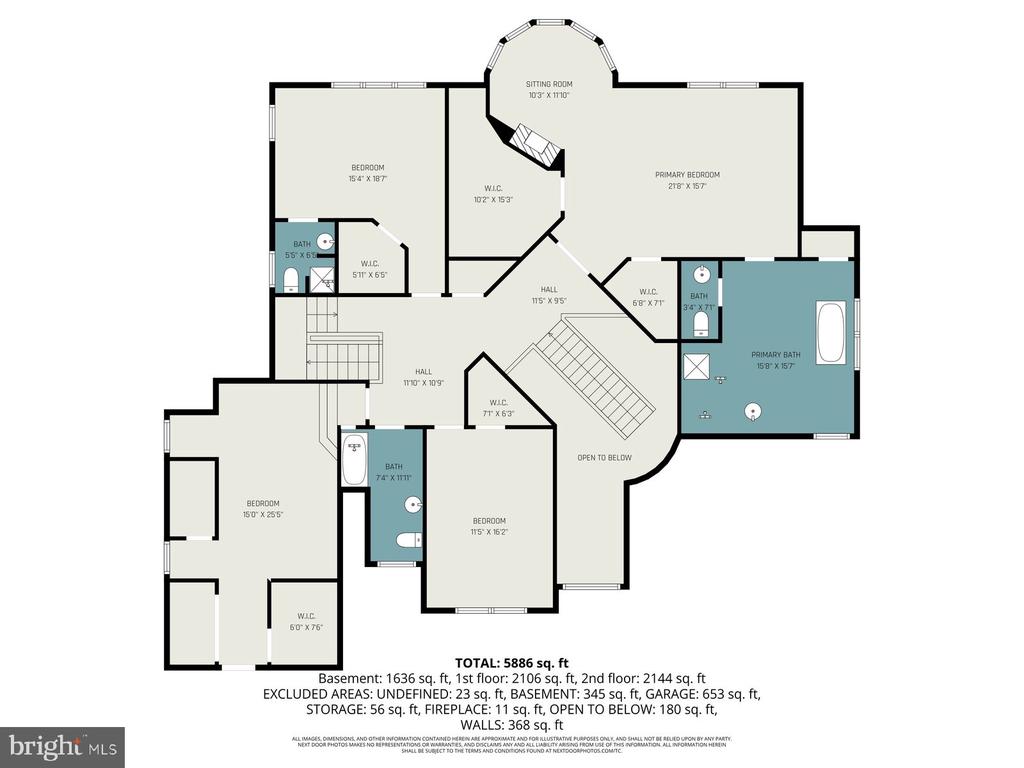 Floor plan showing four bedrooms, a primary suite, bathrooms, stairs, and an open-to-below area.