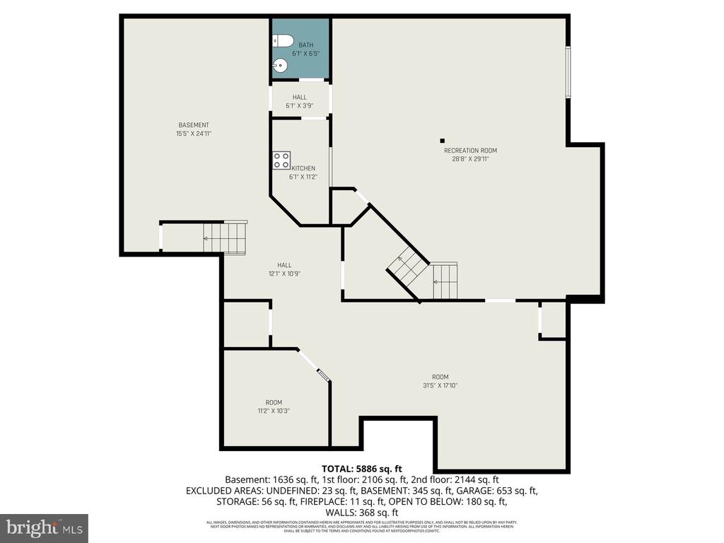 Floor plan showing a large basement recreation room, kitchen, bath, and two rooms; total area 5,886 square feet.