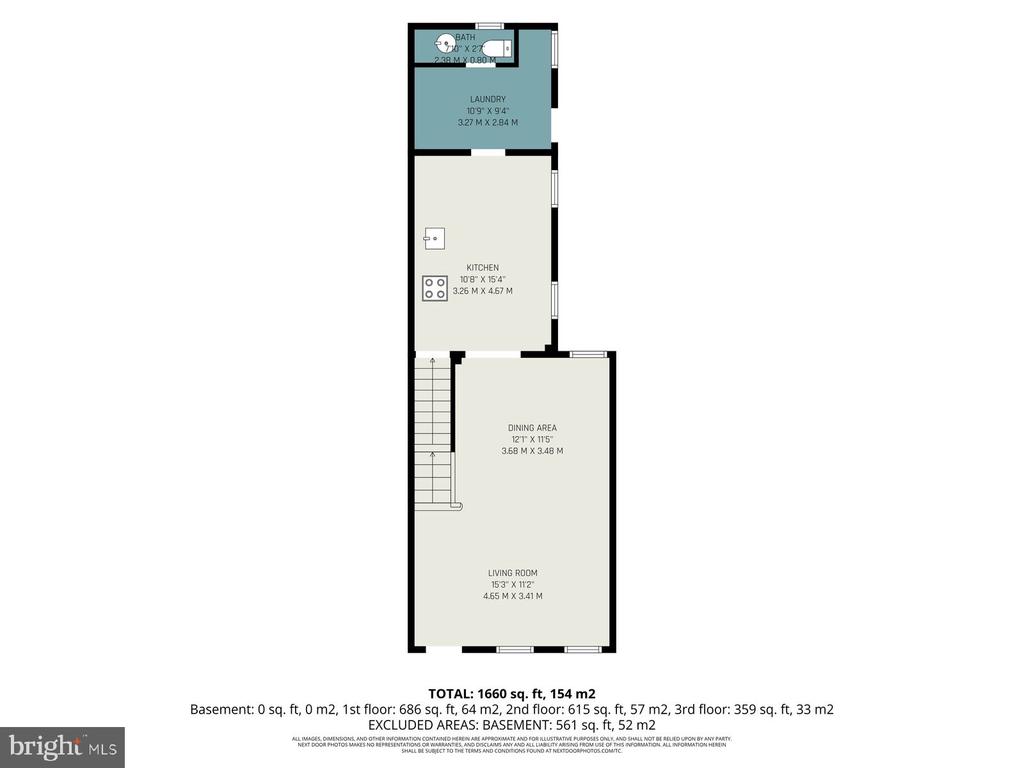 Floor plan showing a kitchen, laundry, bathroom, stairs, and open dining and living area.