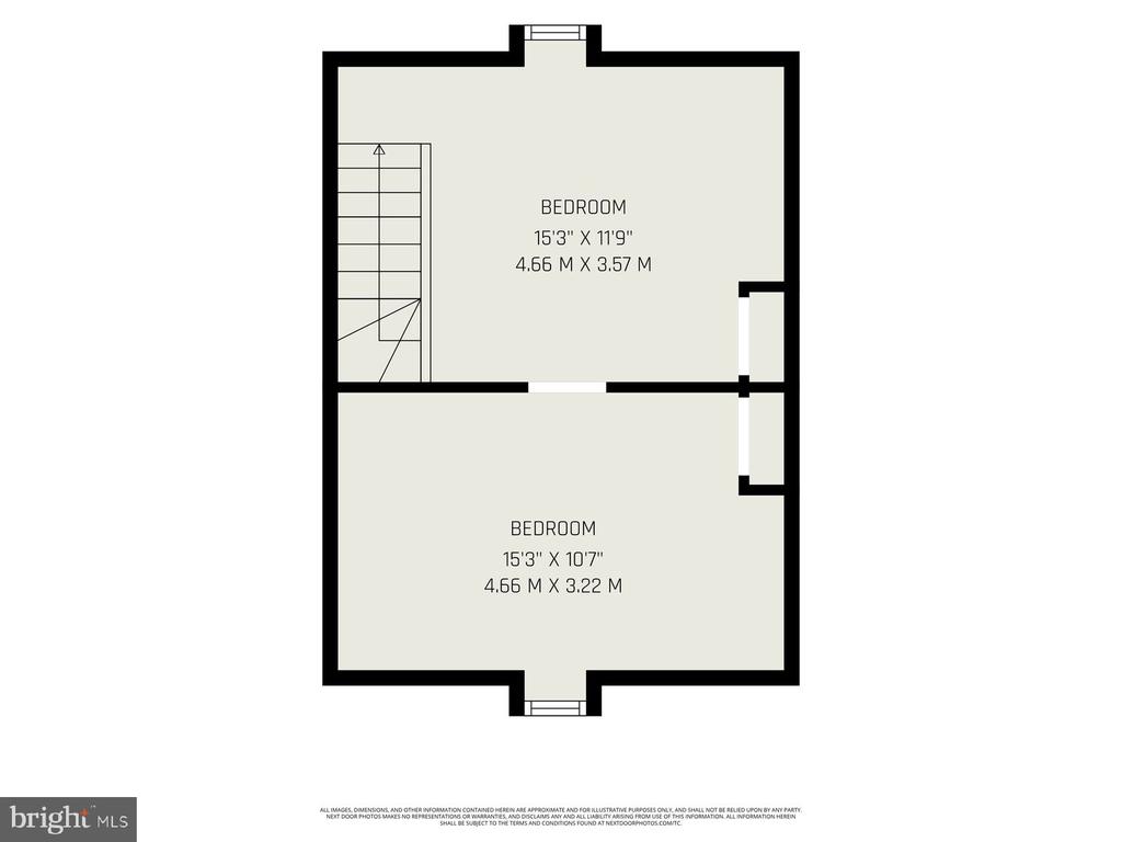 Floor plan of two bedrooms with a staircase beside the upper bedroom.