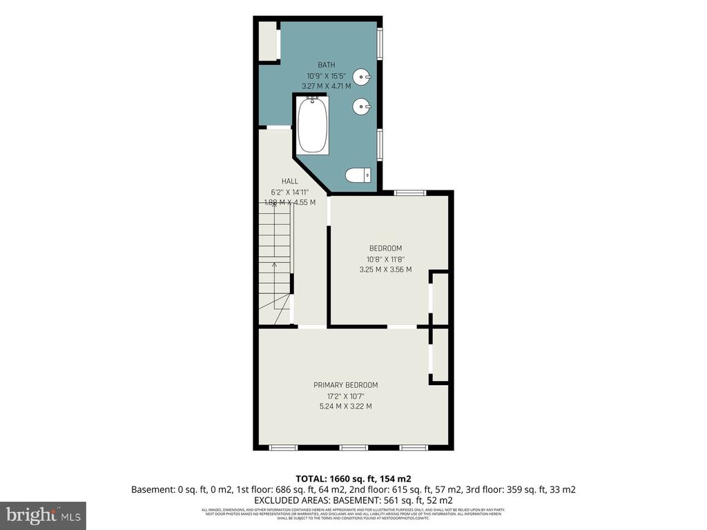 Floor plan showing a bathroom, hall and stairs, bedroom, and primary bedroom with room dimensions.