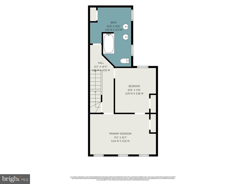 Floor plan with a bath, hall, staircase, bedroom, and primary bedroom.