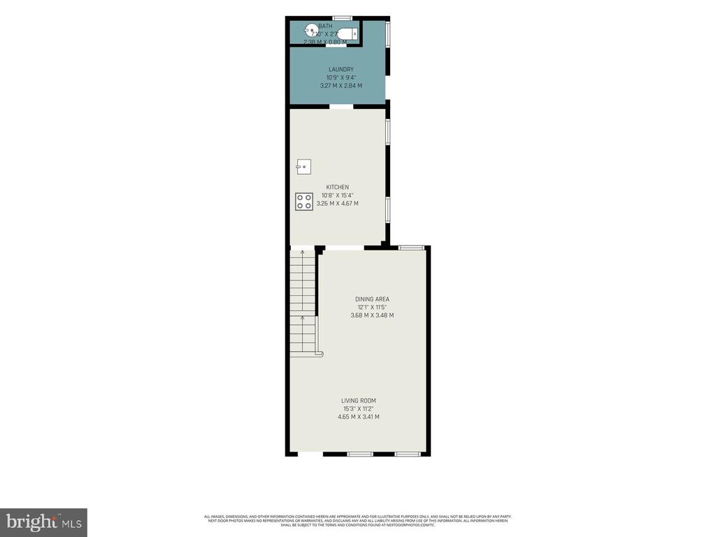 Floor plan showing a bathroom, laundry room, kitchen, dining area, living room, and stairs.