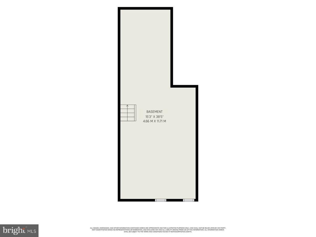 Basement floor plan labeled 15 feet 3 inches by 38 feet 5 inches.
