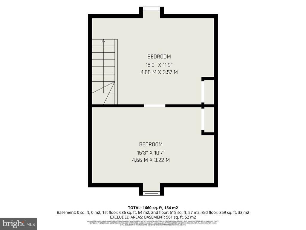 Floor plan showing two bedrooms, their dimensions, and a staircase.