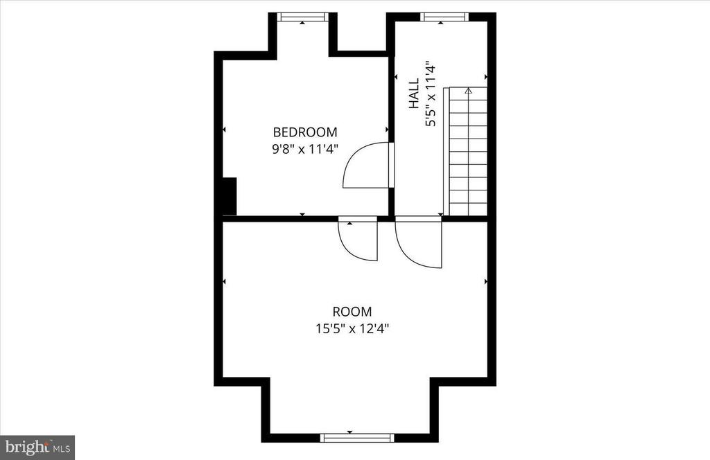 Floor plan showing a bedroom, stair hall, and larger room with dimensions.