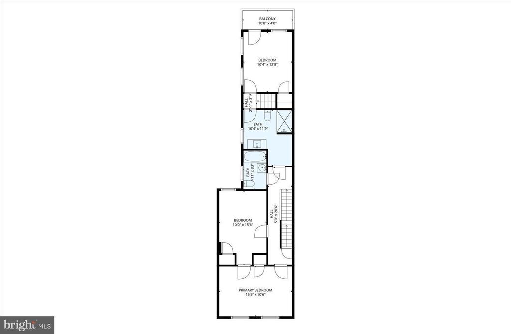 Floor plan with a balcony, two bedrooms, primary bedroom, bathrooms, and stairs.