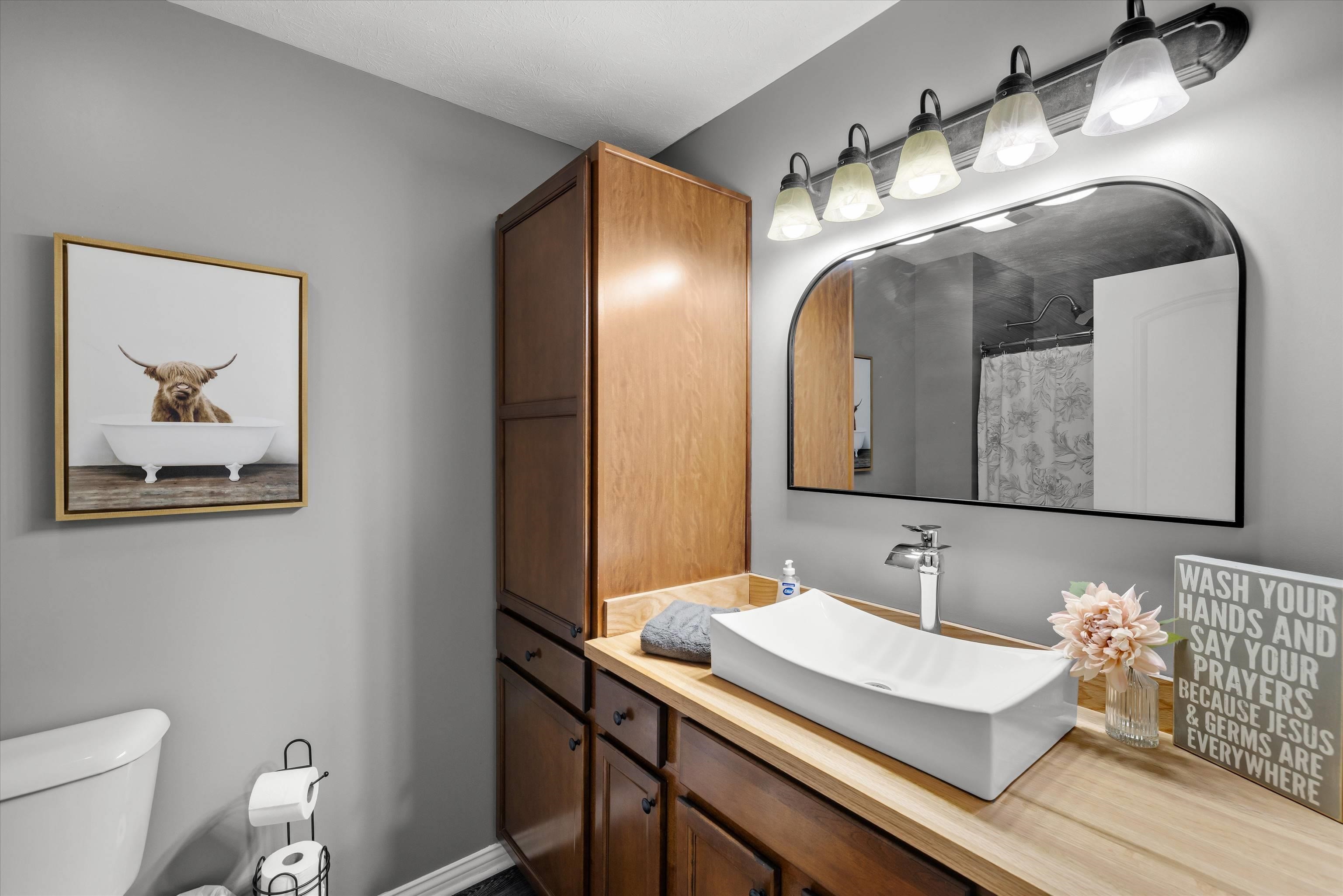 Bathroom vanity with a white vessel sink, arched mirror, and dark wood cabinetry.