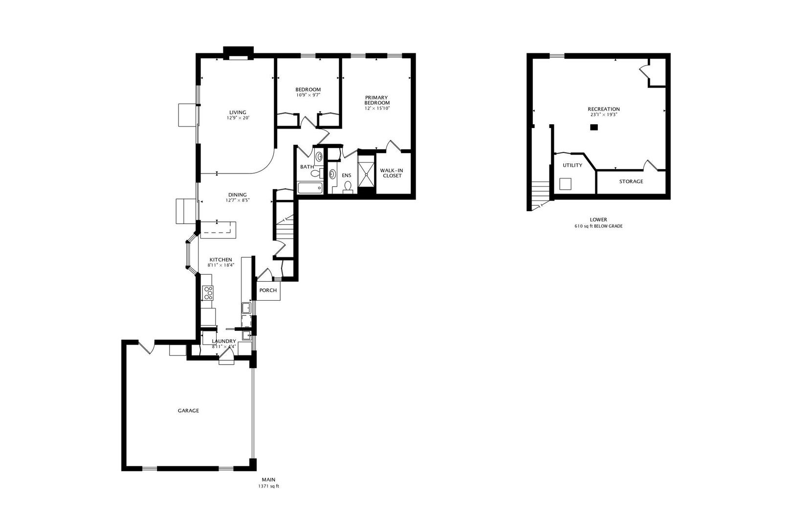Home floor plan showing the main level and lower level, with labeled rooms and dimensions.