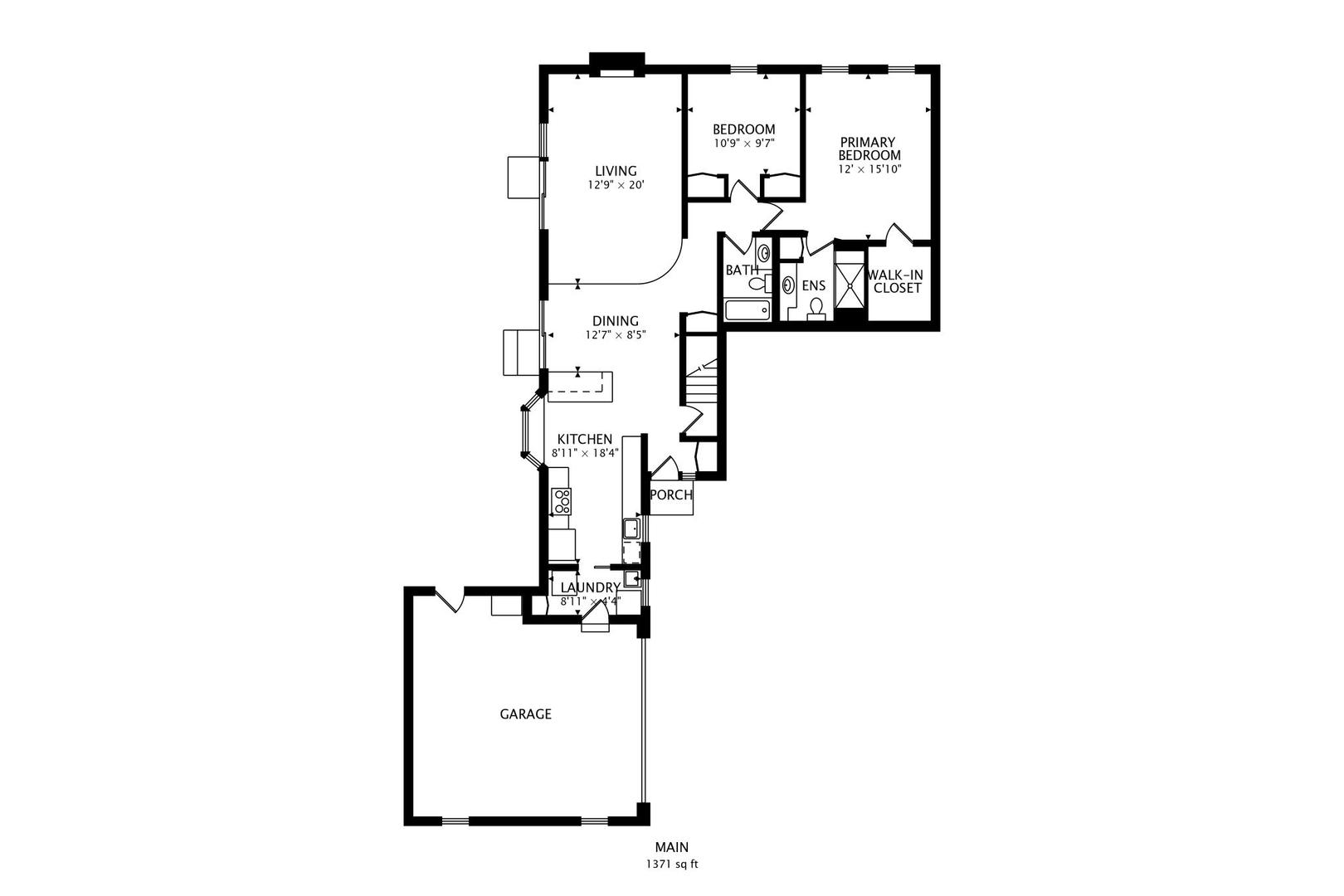 Main-level floor plan showing two bedrooms, living and dining areas, kitchen, laundry, porch, and garage.