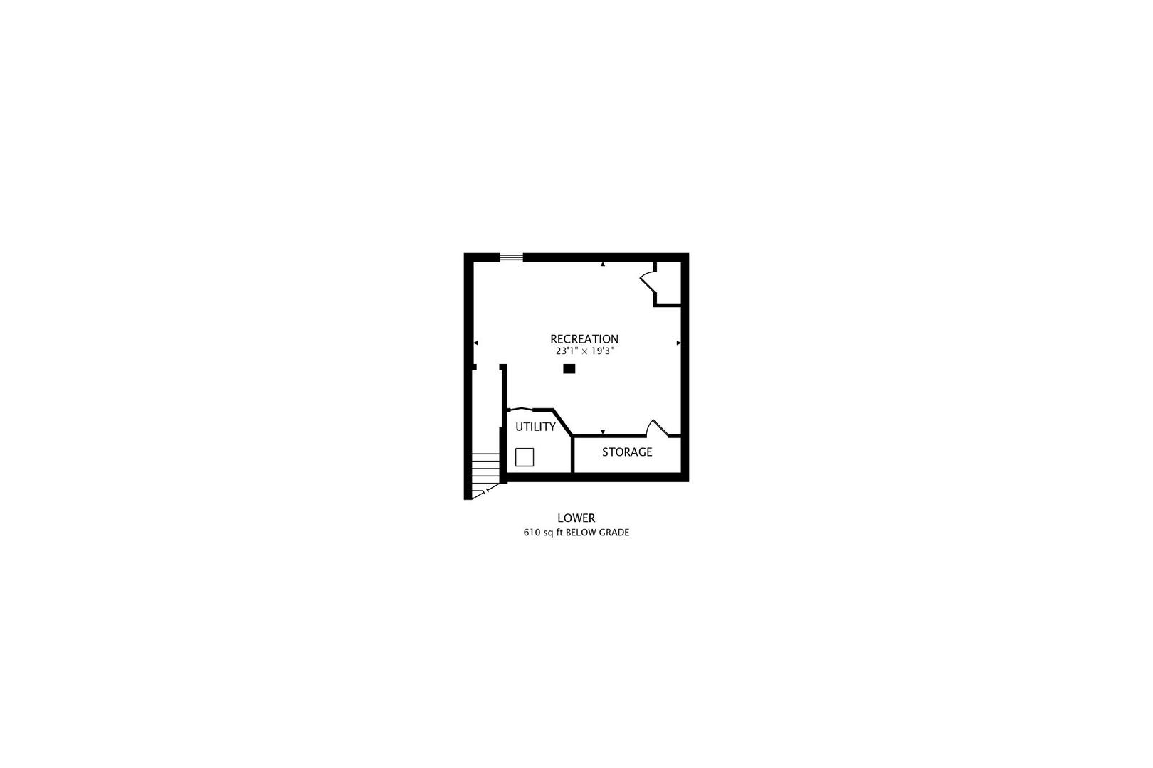 Lower-level floor plan with recreation room, utility area, and storage.
