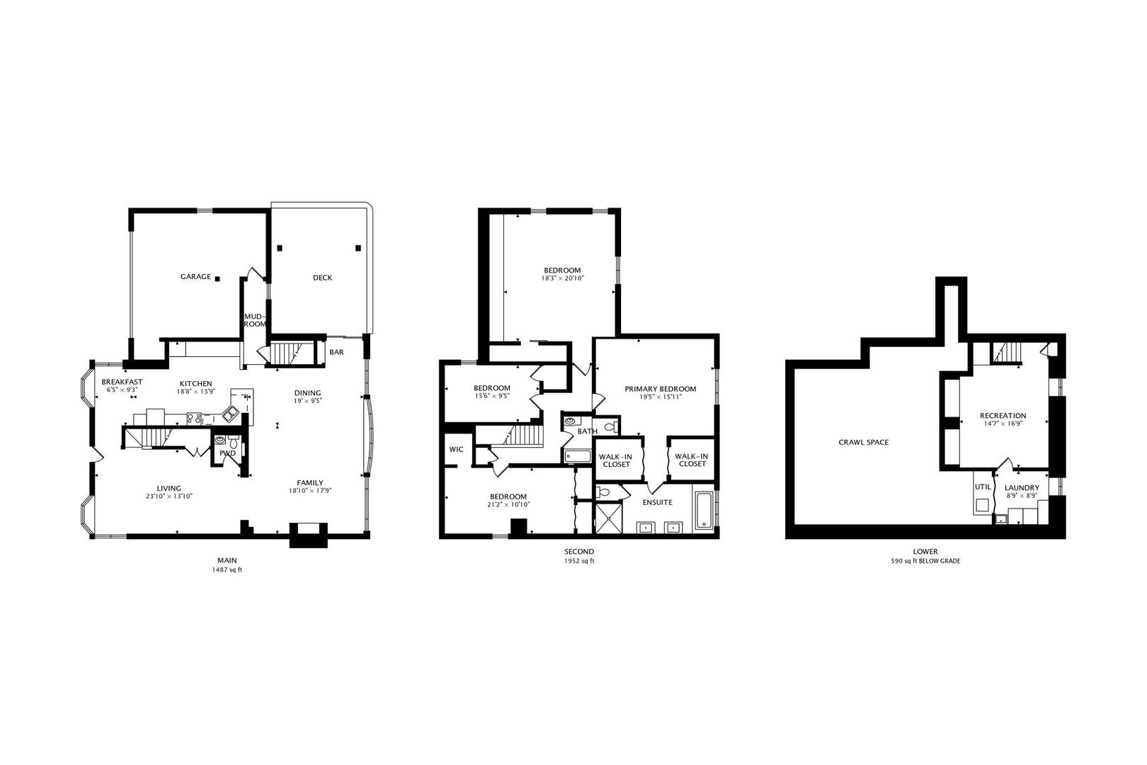 Three-level home floor plan showing room layouts, a garage, deck, bedrooms, and lower-level recreation and laundry areas.