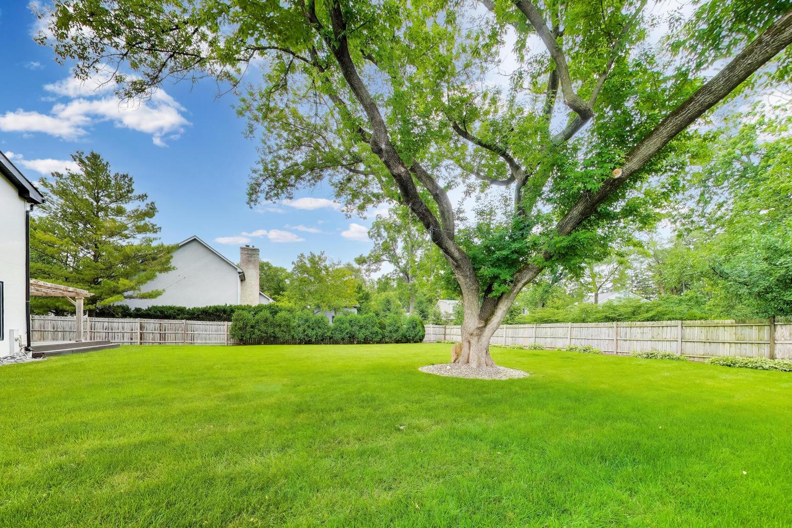 Fenced backyard with a broad lawn, mature shade tree, and small deck beside the house.