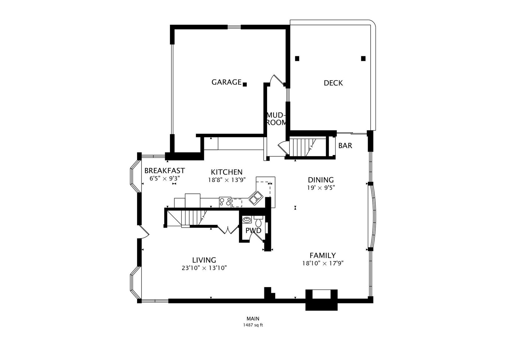 Main-level floor plan showing the garage, deck, kitchen, dining, living, and family areas.