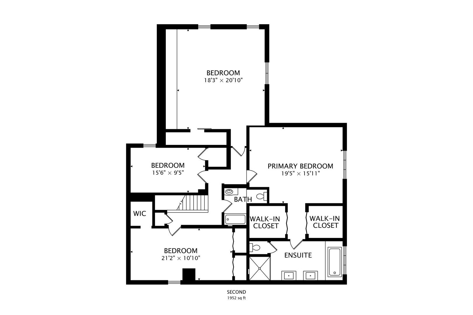 Second-floor plan showing three bedrooms, a primary suite, two bathrooms, closets, and stairs.