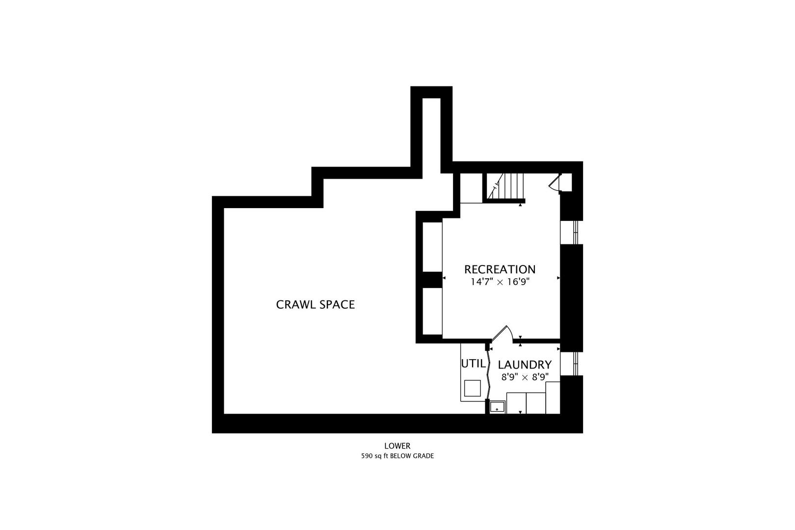 Lower-level floor plan showing a recreation room, laundry, utility area, and crawl space.