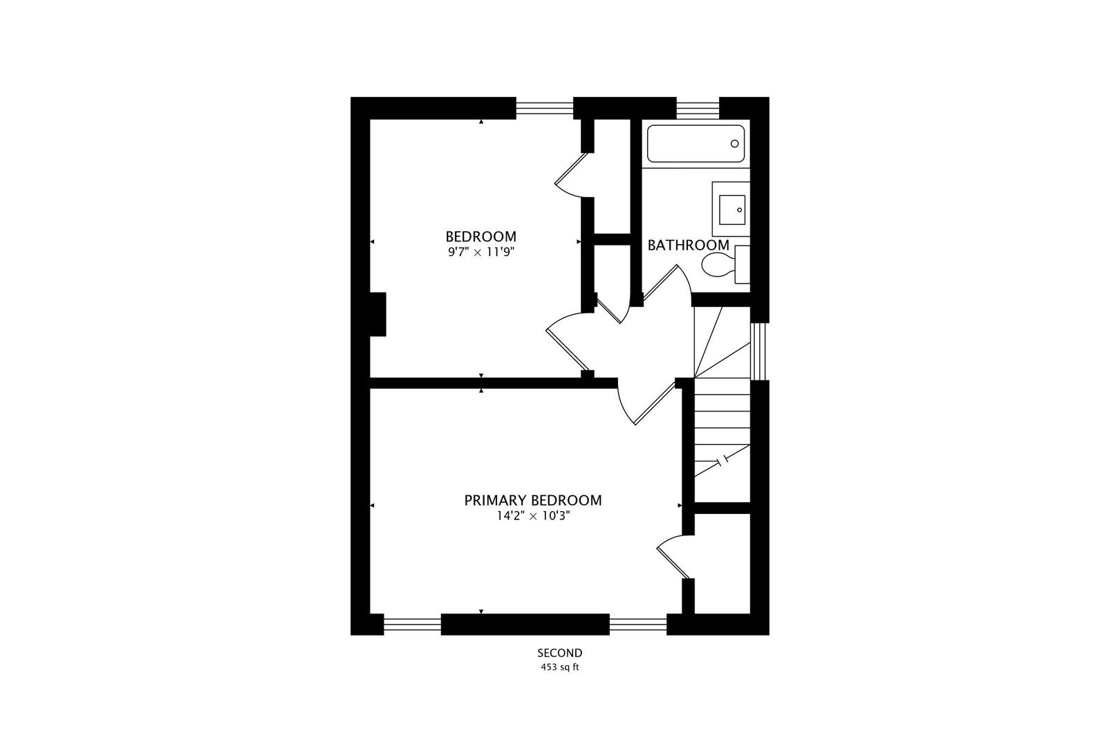 Second-floor plan with two bedrooms, a bathroom, and stairs.