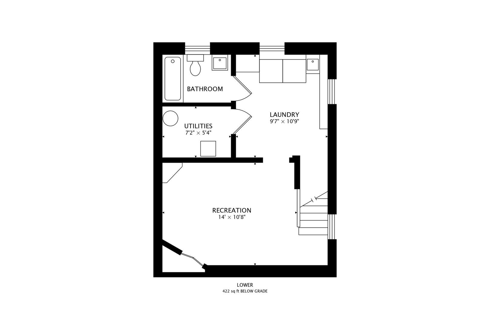 Lower-level floor plan showing bathroom, utilities, laundry, and recreation rooms.