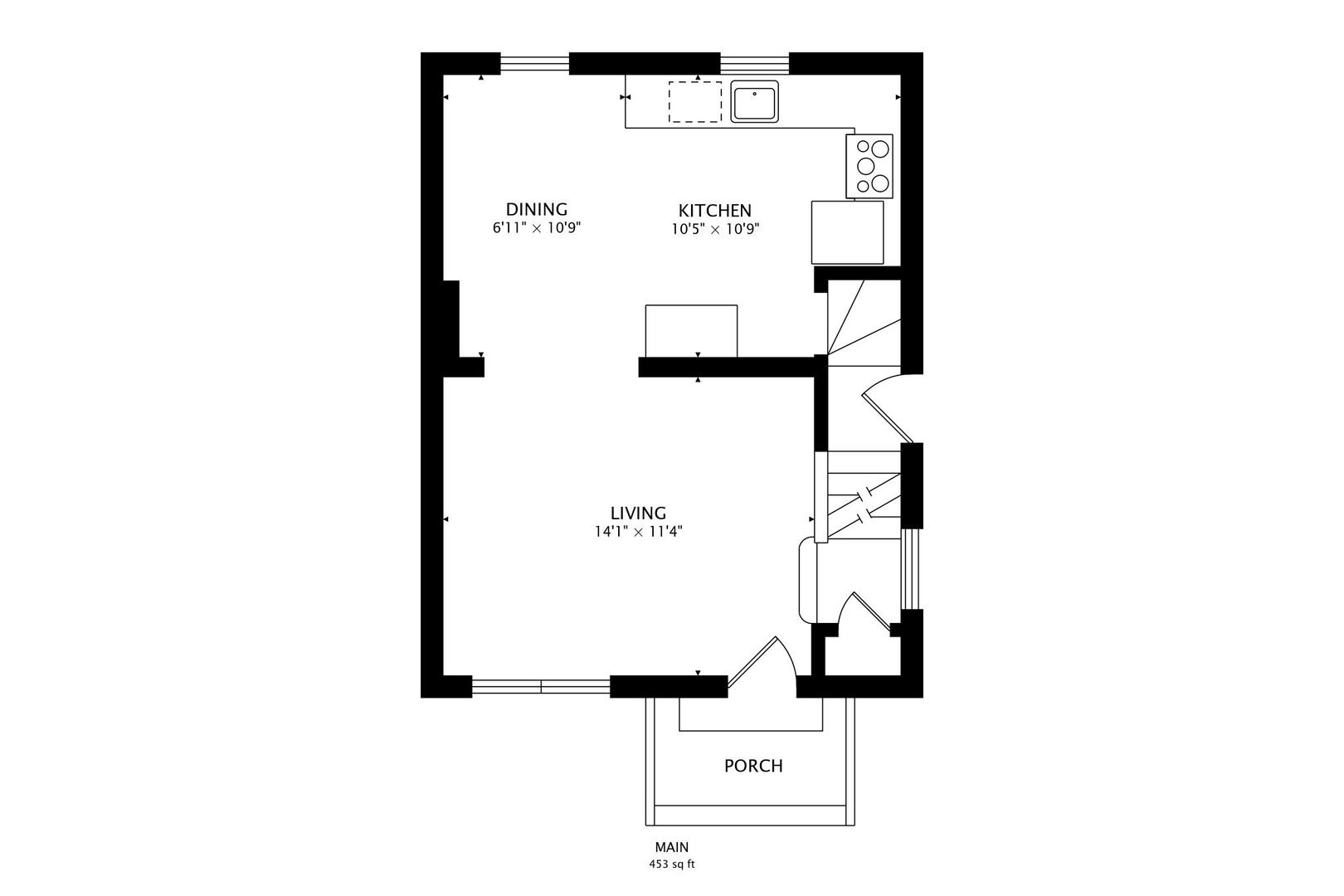 Main-level floor plan with living room, dining area, kitchen, porch, and room dimensions.