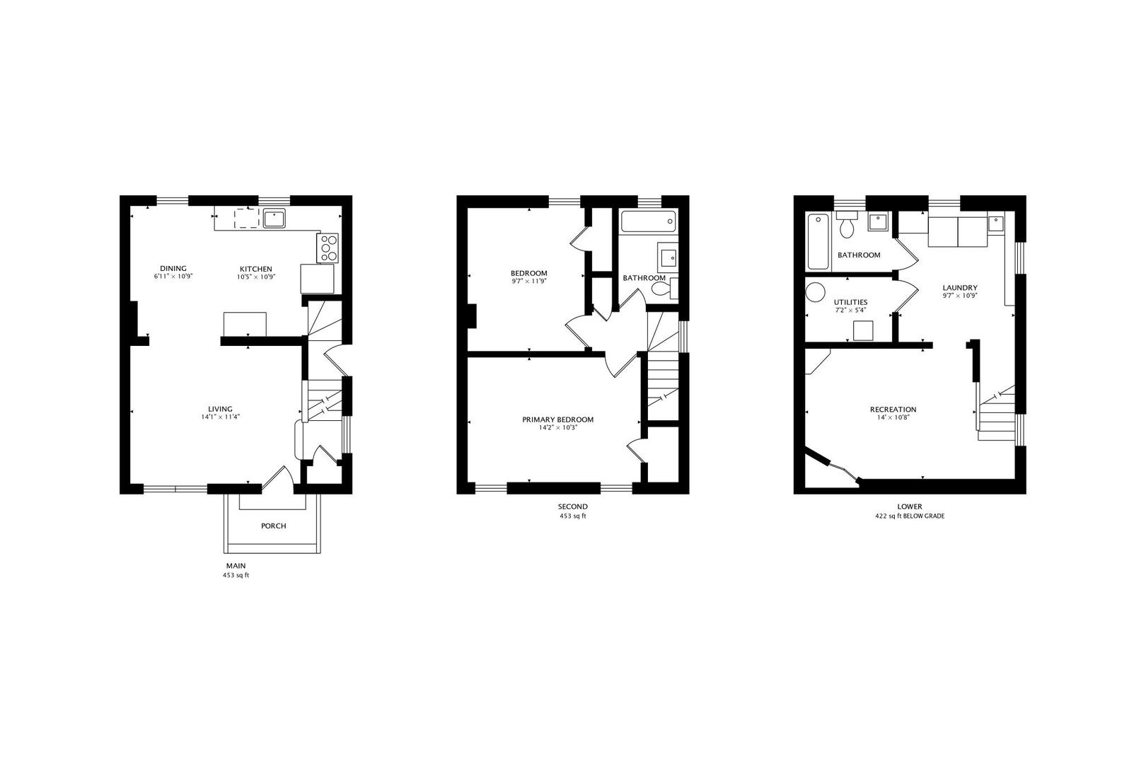 Three-level floor plan with room names and dimensions for the main, second, and lower levels.