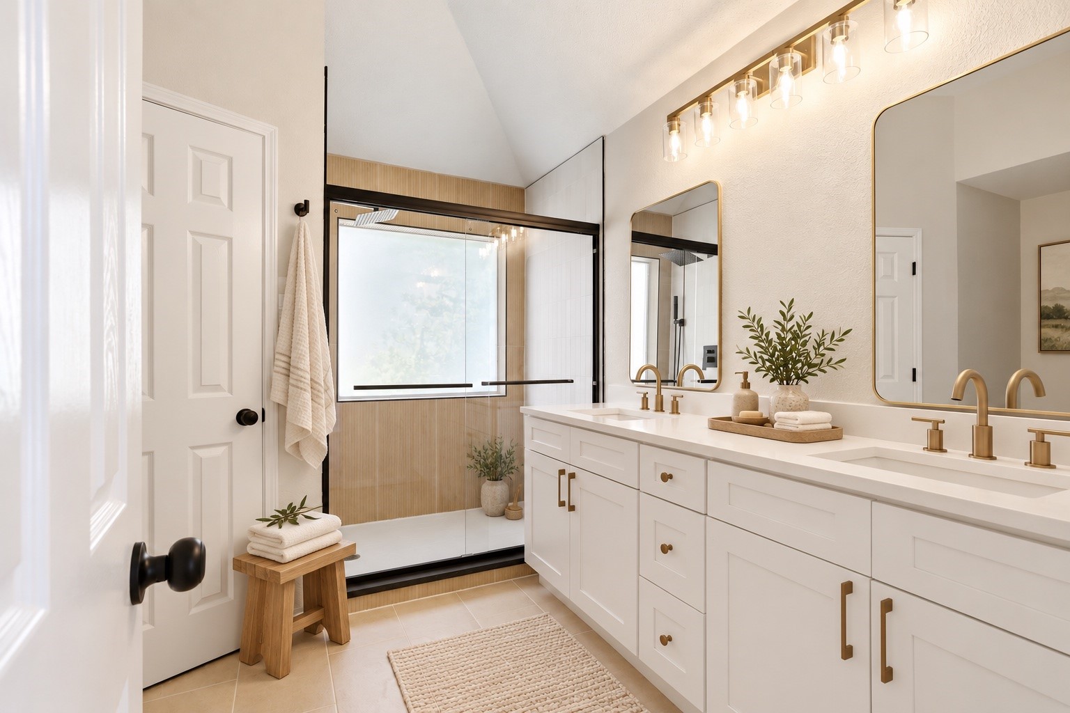Bathroom with a long double vanity, brass fixtures, and a black-framed glass shower.