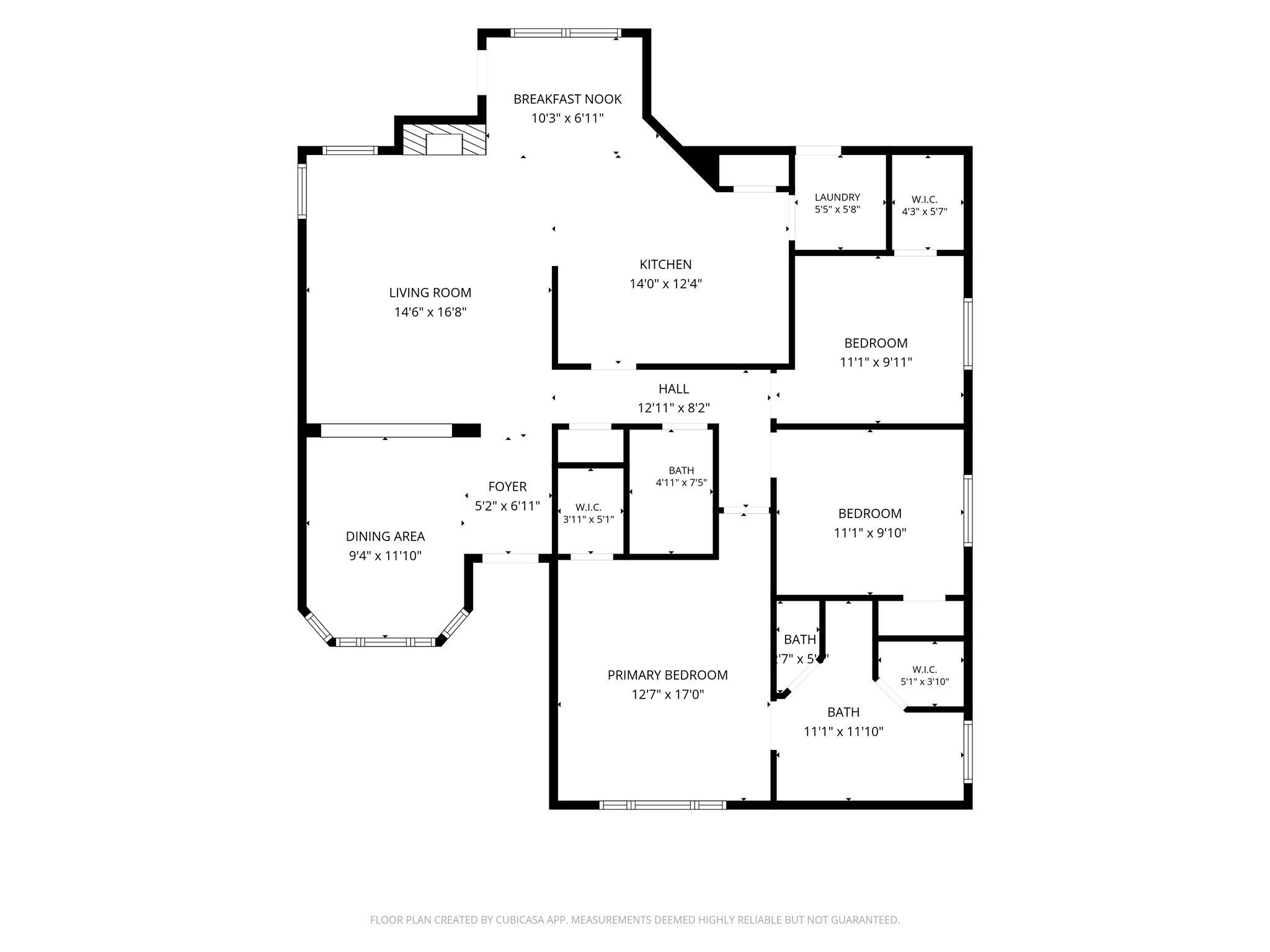 Home floor plan with three bedrooms, multiple bathrooms, open living and dining areas, kitchen, and breakfast nook.
