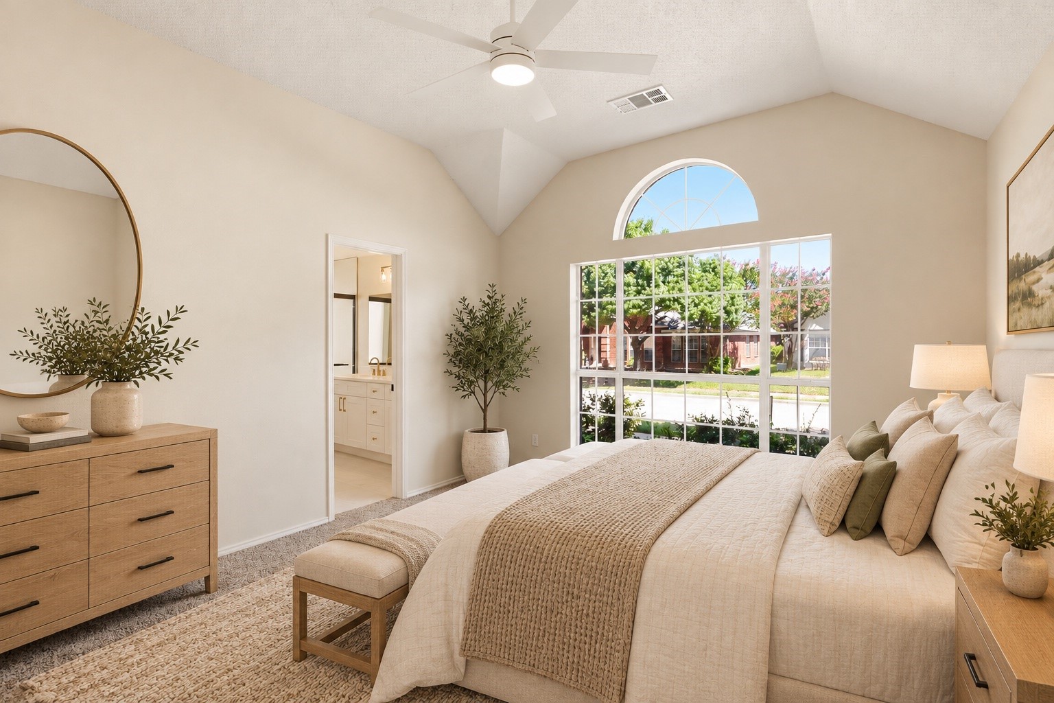 Furnished bedroom with vaulted ceiling, ceiling fan, and a large window topped by an arched transom.